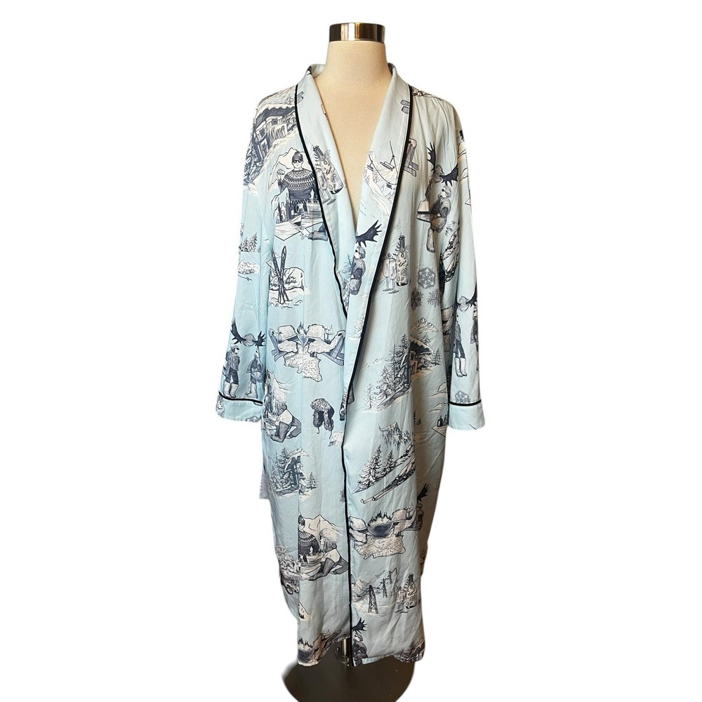 Katie Kime Robe Size L/XL Blue Ski Resort Print No Belt Soft Cotton